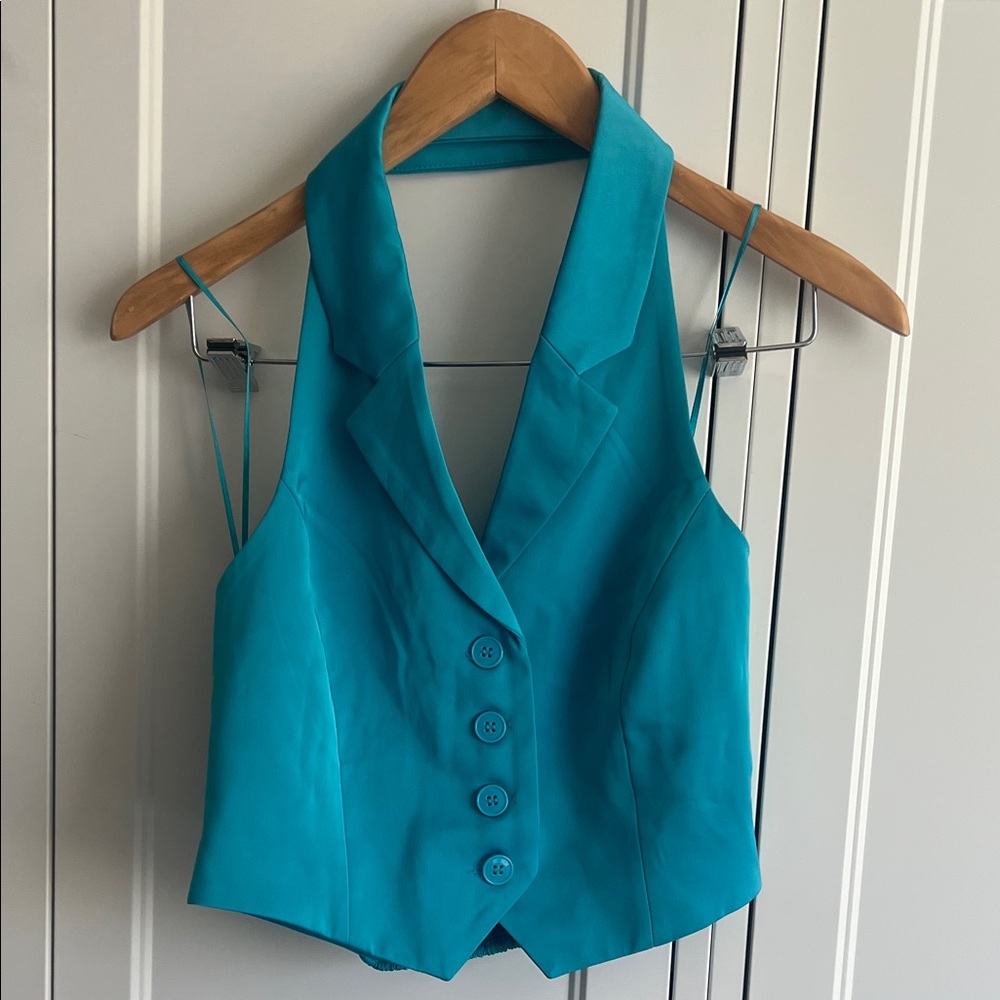 House of Harlow 1960 Teal Halter Lapel Button Vest NWOT